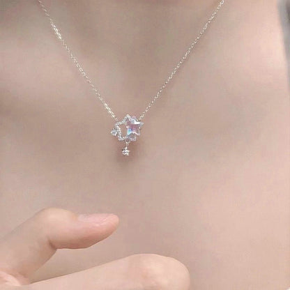 Fairy Elegant Pink Round Crystal Pendant Necklace Simple Design Korean Fashion Girls Women Star Clavicle Chain Jewelry Gifts
