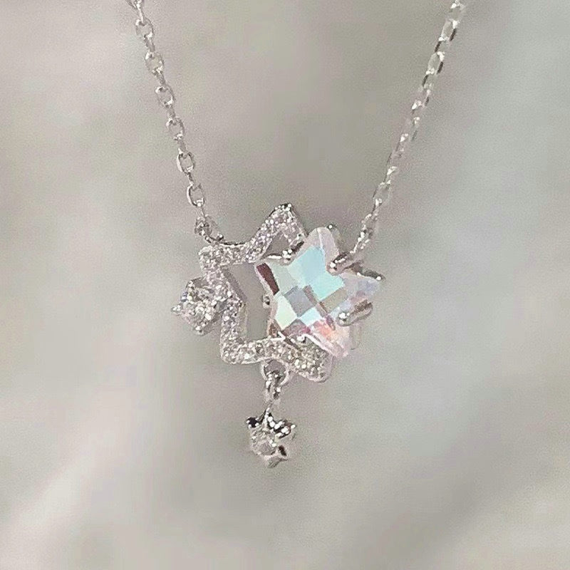 Fairy Elegant Pink Round Crystal Pendant Necklace Simple Design Korean Fashion Girls Women Star Clavicle Chain Jewelry Gifts