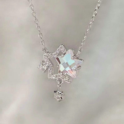 Fairy Elegant Pink Round Crystal Pendant Necklace Simple Design Korean Fashion Girls Women Star Clavicle Chain Jewelry Gifts