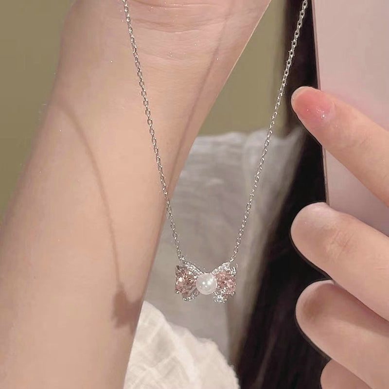 Fairy Elegant Pink Round Crystal Pendant Necklace Simple Design Korean Fashion Girls Women Star Clavicle Chain Jewelry Gifts