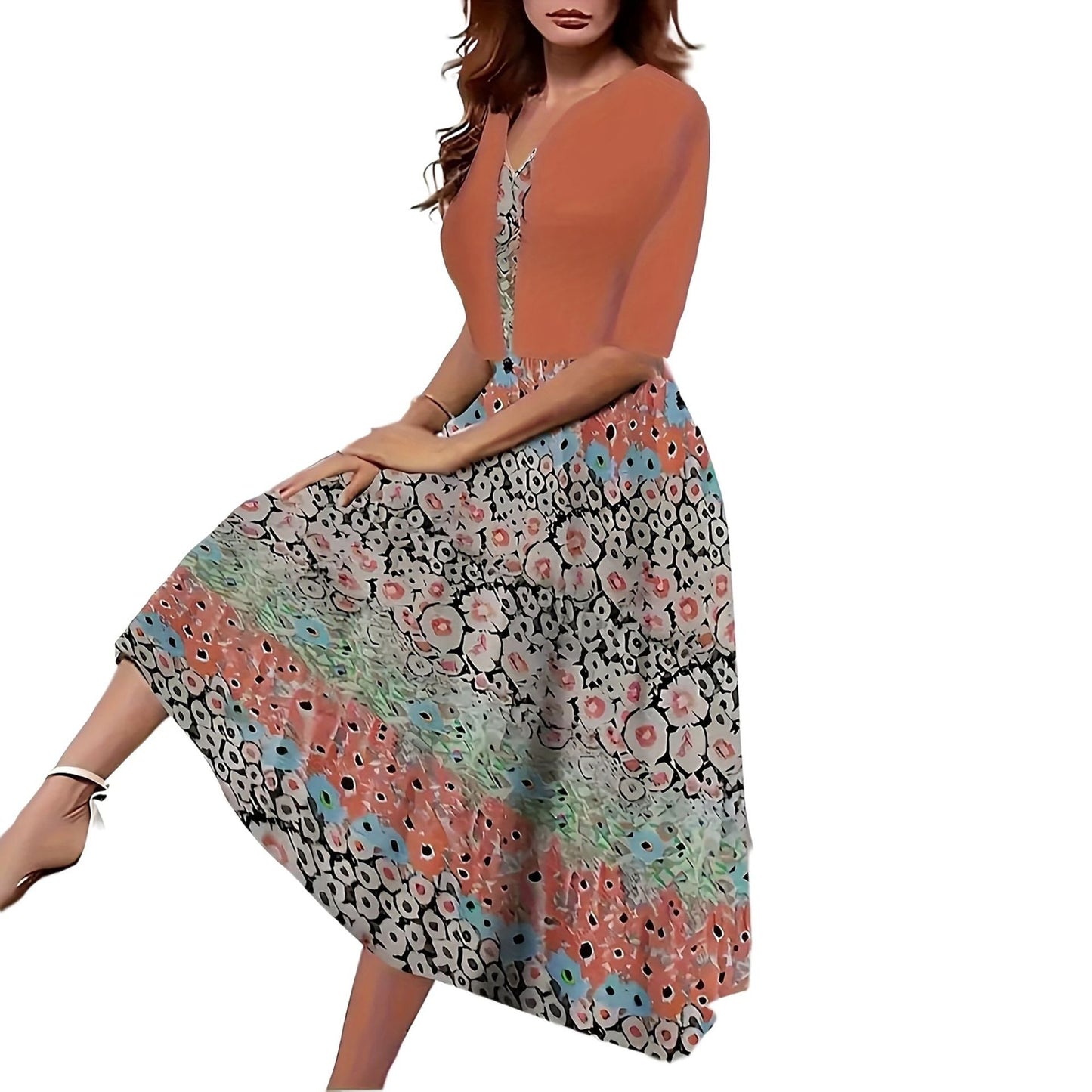 2024 Europe and the United States autumn new women's long dress two-piece set of floral print round neck dress coat women