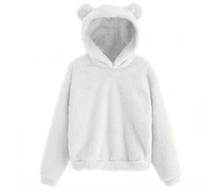 Winter Korean Fashion Bear Ears Cute Loose Hoodie Fluffy Hooded Warm Sweatshirt Long Sleeve Top Solid Pullover Clothes For Women