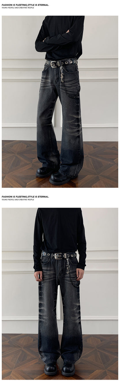 Cleanfit cat whisker gradient jeans for men, autumn niche design pants, American retro straight leg micro flared pants