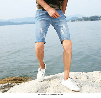 29-40 New Summer Men's Personalized Washable Perforated Denim Pants Large Casual Middle Pants