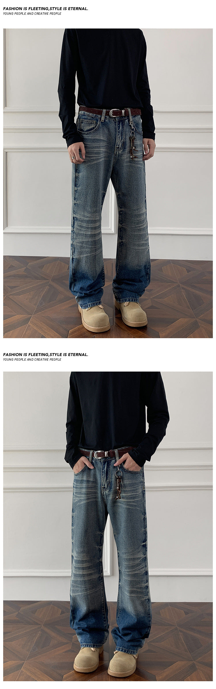 Cleanfit cat whisker gradient jeans for men, autumn niche design pants, American retro straight leg micro flared pants