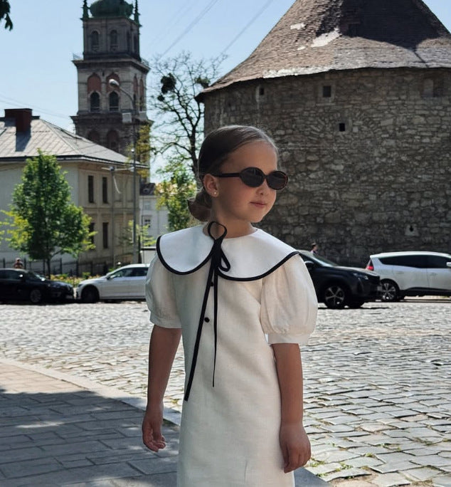 2-8Yrs Kids Girls Summer Dress Colorblock Doll Collar Elegant British-French Style Princess Dress UNITIM Children Girl Dress