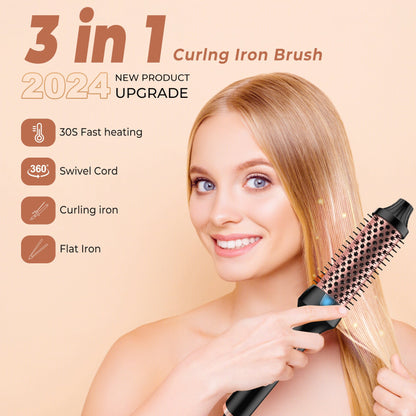 Heated Styling Brush 3-in-1 Ionic Hair Curler/Straightener with Anti-Scald Electric Curl Wand Curling Iron Hair Styling Tools