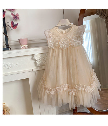 Dress For Kids Girl Flying Sleeves Flower Mesh Fluffy Skirt Children Girls Birthday Princess Skirt Baby Girl Dress