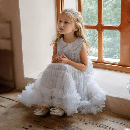 Summer Kid Girl Dress Peter Pan Collar Baby Glitter Mesh Princess Birthday Party Dress 2026 Gauze Dress For Children Girl