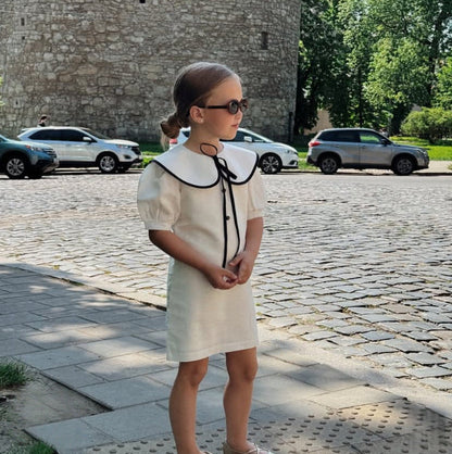 2-8Yrs Kids Girls Summer Dress Colorblock Doll Collar Elegant British-French Style Princess Dress UNITIM Children Girl Dress