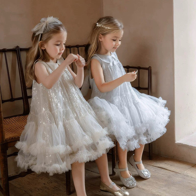 Summer Kid Girl Dress Peter Pan Collar Baby Glitter Mesh Princess Birthday Party Dress 2026 Gauze Dress For Children Girl
