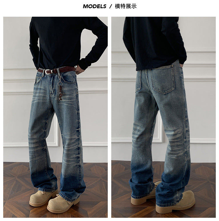 Cleanfit cat whisker gradient jeans for men, autumn niche design pants, American retro straight leg micro flared pants