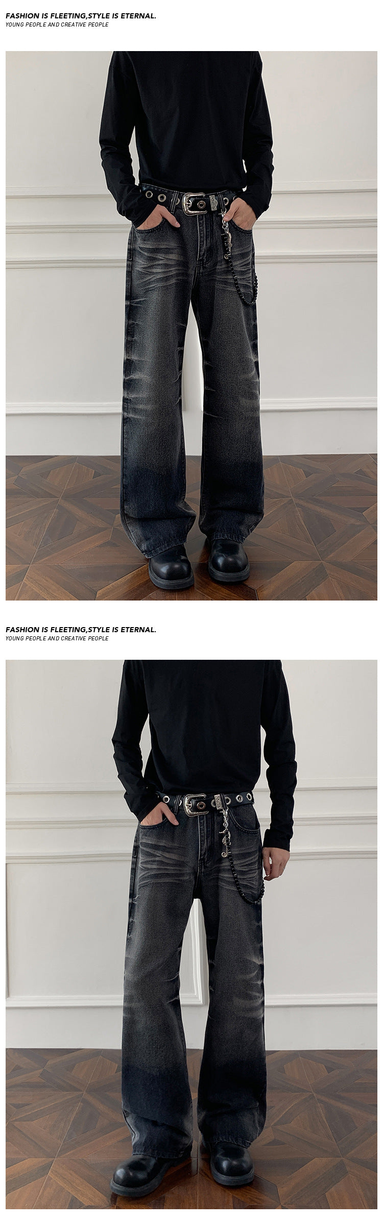 Cleanfit cat whisker gradient jeans for men, autumn niche design pants, American retro straight leg micro flared pants