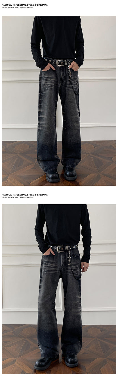 Cleanfit cat whisker gradient jeans for men, autumn niche design pants, American retro straight leg micro flared pants