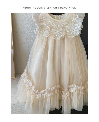 Dress For Kids Girl Flying Sleeves Flower Mesh Fluffy Skirt Children Girls Birthday Princess Skirt Baby Girl Dress