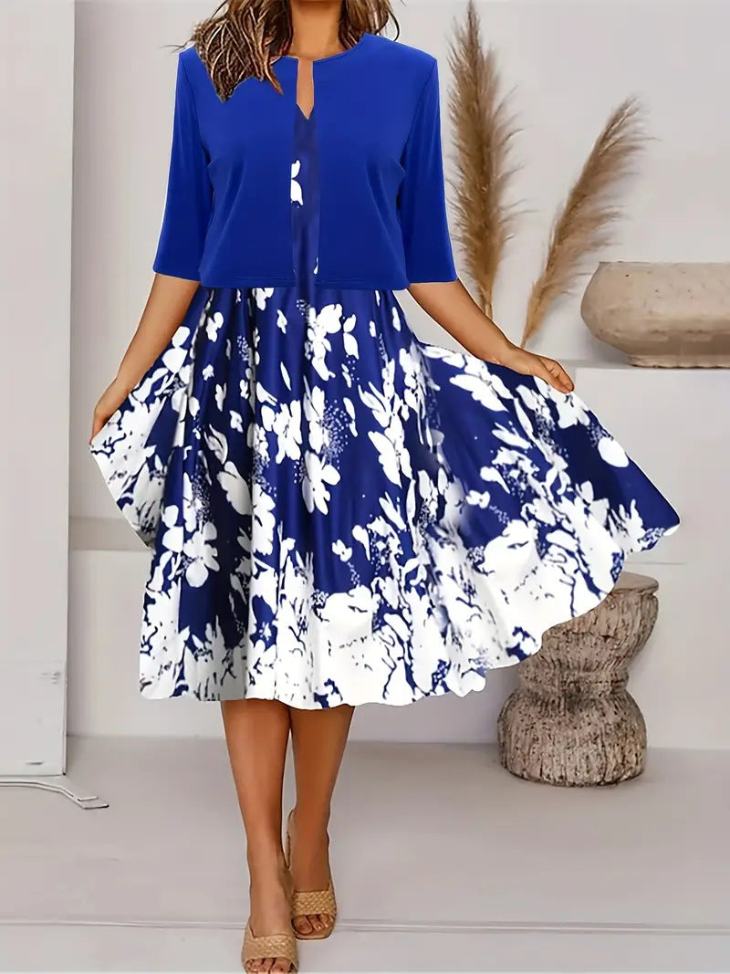 2024 Europe and the United States autumn new women's long dress two-piece set of floral print round neck dress coat women
