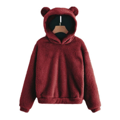 Winter Korean Fashion Bear Ears Cute Loose Hoodie Fluffy Hooded Warm Sweatshirt Long Sleeve Top Solid Pullover Clothes For Women