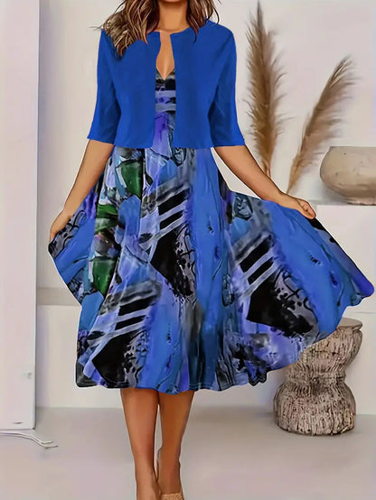 2024 Europe and the United States autumn new women's long dress two-piece set of floral print round neck dress coat women