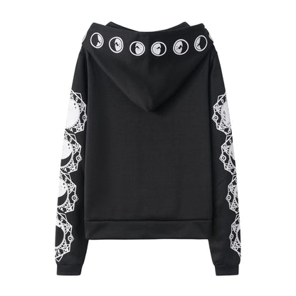 Fashion Trend Women's Punk Black Hoodie Moon Print Long-sleeved Sweater