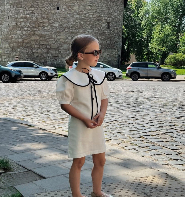 2-8Yrs Kids Girls Summer Dress Colorblock Doll Collar Elegant British-French Style Princess Dress UNITIM Children Girl Dress