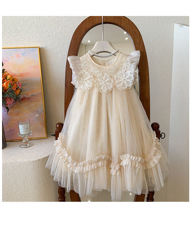 Dress For Kids Girl Flying Sleeves Flower Mesh Fluffy Skirt Children Girls Birthday Princess Skirt Baby Girl Dress