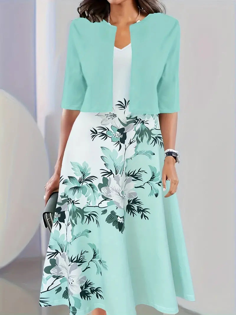 2024 Europe and the United States autumn new women's long dress two-piece set of floral print round neck dress coat women