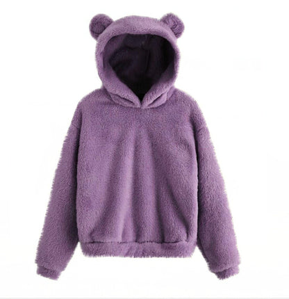 Winter Korean Fashion Bear Ears Cute Loose Hoodie Fluffy Hooded Warm Sweatshirt Long Sleeve Top Solid Pullover Clothes For Women