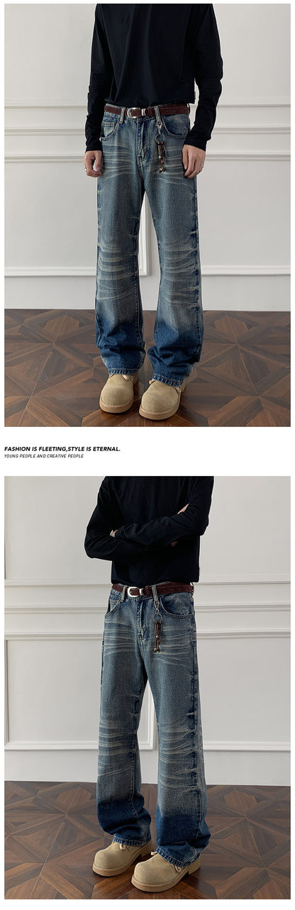 Cleanfit cat whisker gradient jeans for men, autumn niche design pants, American retro straight leg micro flared pants