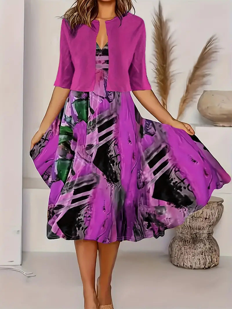 2024 Europe and the United States autumn new women's long dress two-piece set of floral print round neck dress coat women