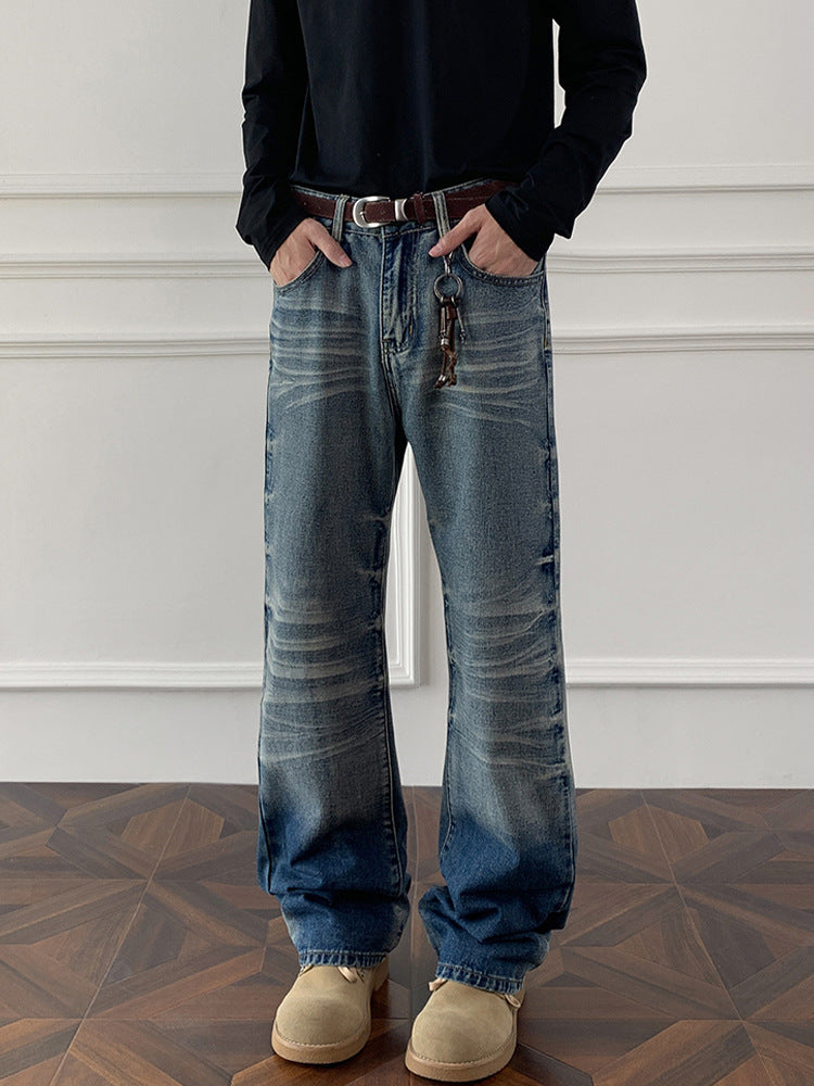Cleanfit cat whisker gradient jeans for men, autumn niche design pants, American retro straight leg micro flared pants