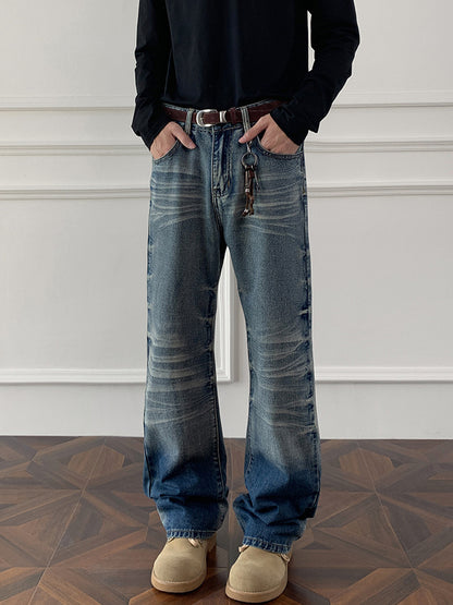Cleanfit cat whisker gradient jeans for men, autumn niche design pants, American retro straight leg micro flared pants