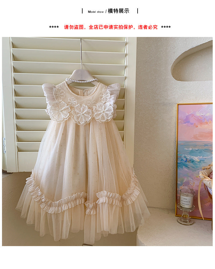 Dress For Kids Girl Flying Sleeves Flower Mesh Fluffy Skirt Children Girls Birthday Princess Skirt Baby Girl Dress