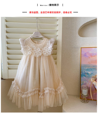 Dress For Kids Girl Flying Sleeves Flower Mesh Fluffy Skirt Children Girls Birthday Princess Skirt Baby Girl Dress