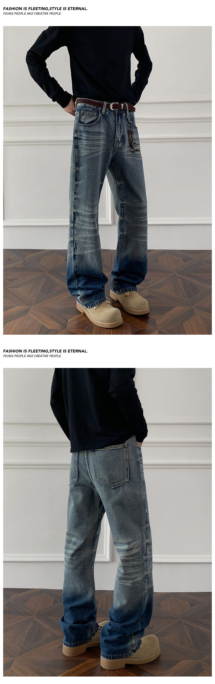 Cleanfit cat whisker gradient jeans for men, autumn niche design pants, American retro straight leg micro flared pants