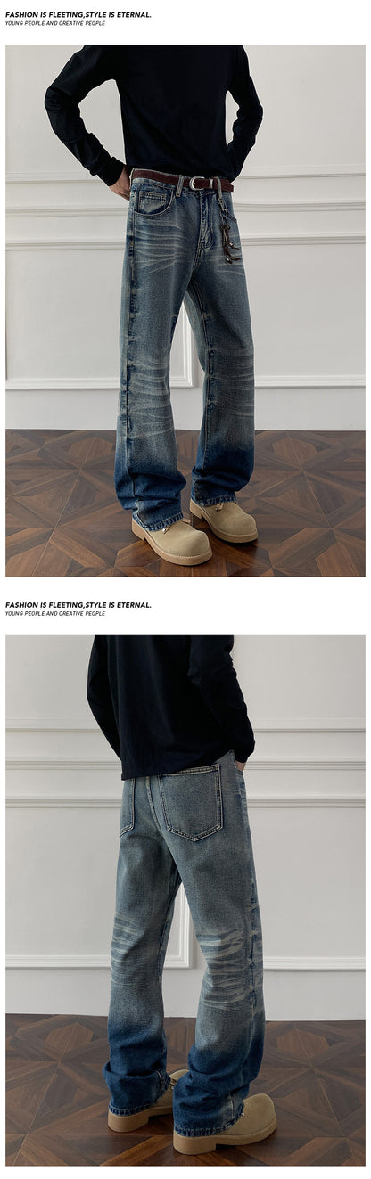 Cleanfit cat whisker gradient jeans for men, autumn niche design pants, American retro straight leg micro flared pants