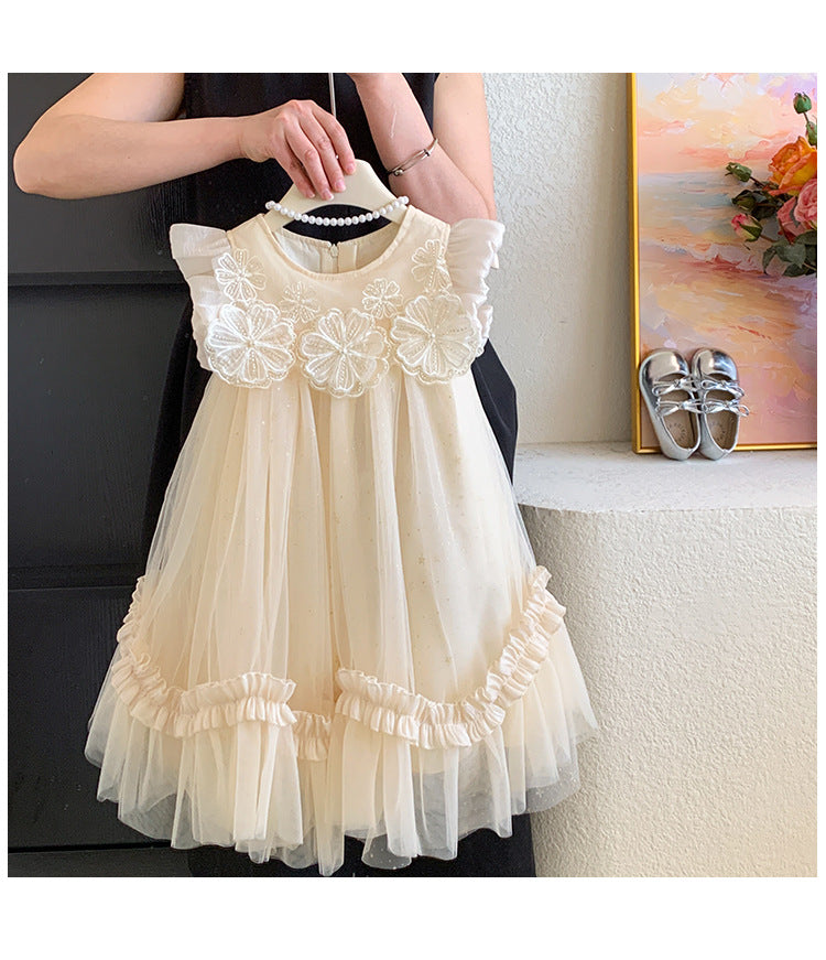 Dress For Kids Girl Flying Sleeves Flower Mesh Fluffy Skirt Children Girls Birthday Princess Skirt Baby Girl Dress