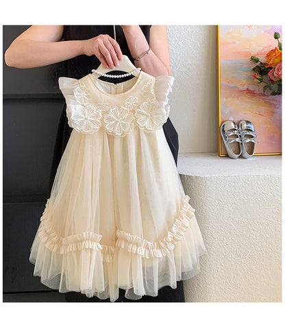 Dress For Kids Girl Flying Sleeves Flower Mesh Fluffy Skirt Children Girls Birthday Princess Skirt Baby Girl Dress
