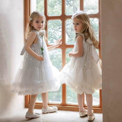 Summer Kid Girl Dress Peter Pan Collar Baby Glitter Mesh Princess Birthday Party Dress 2026 Gauze Dress For Children Girl