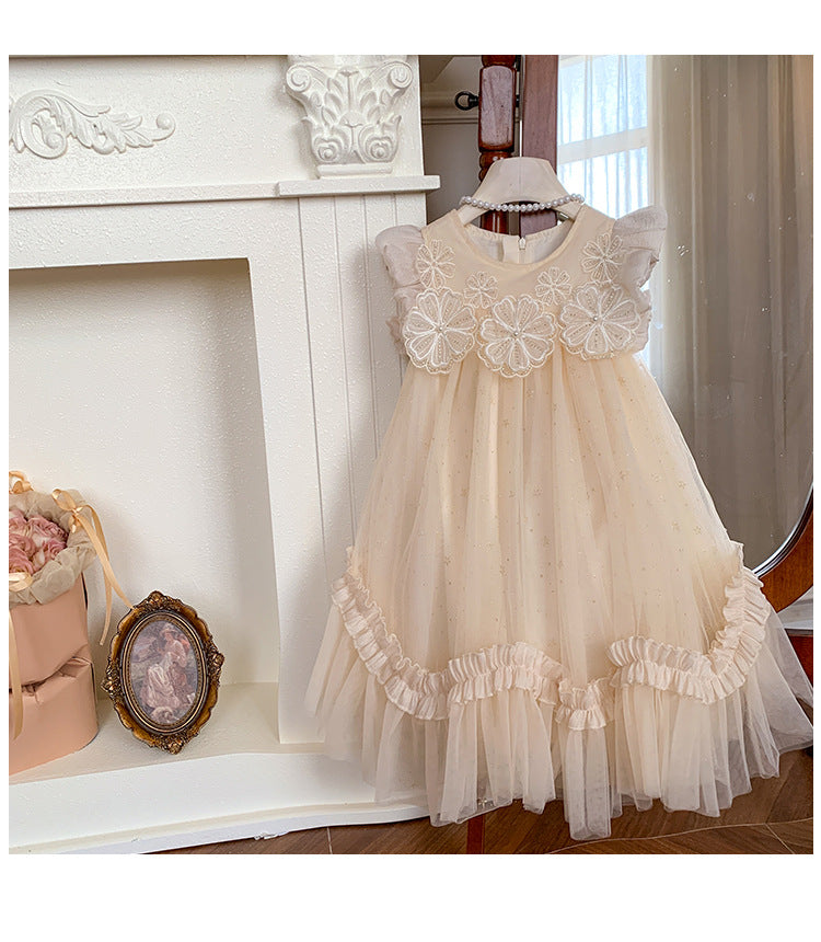 Dress For Kids Girl Flying Sleeves Flower Mesh Fluffy Skirt Children Girls Birthday Princess Skirt Baby Girl Dress