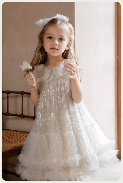 Summer Kid Girl Dress Peter Pan Collar Baby Glitter Mesh Princess Birthday Party Dress 2026 Gauze Dress For Children Girl