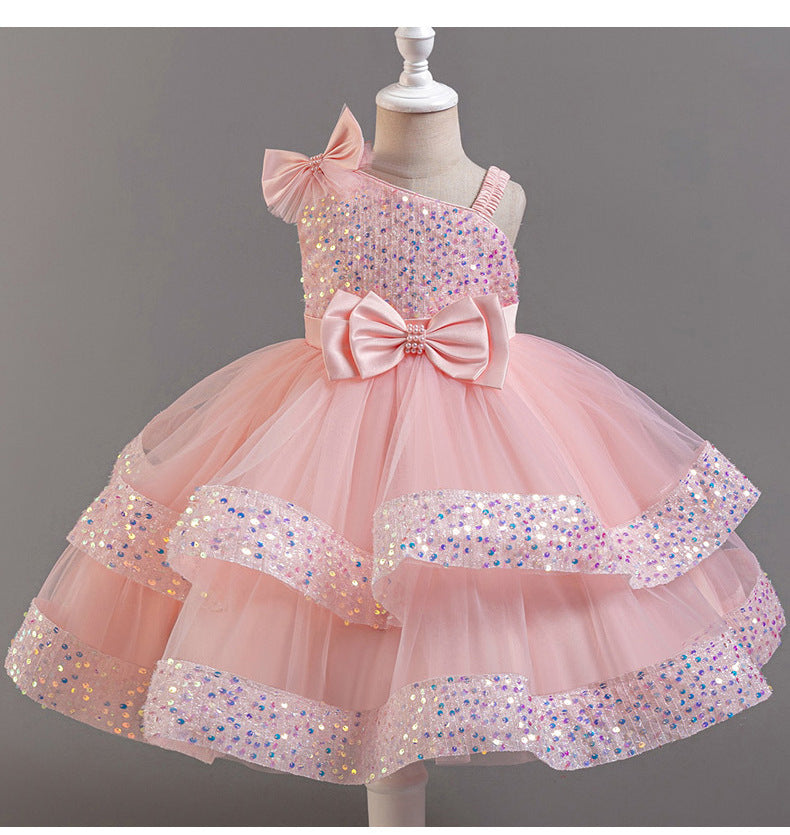 Girl's New Sequined Bow Irregular Collar Mesh Princess Dress Christmas Birthday Party Sweet and Cute Evening Dress