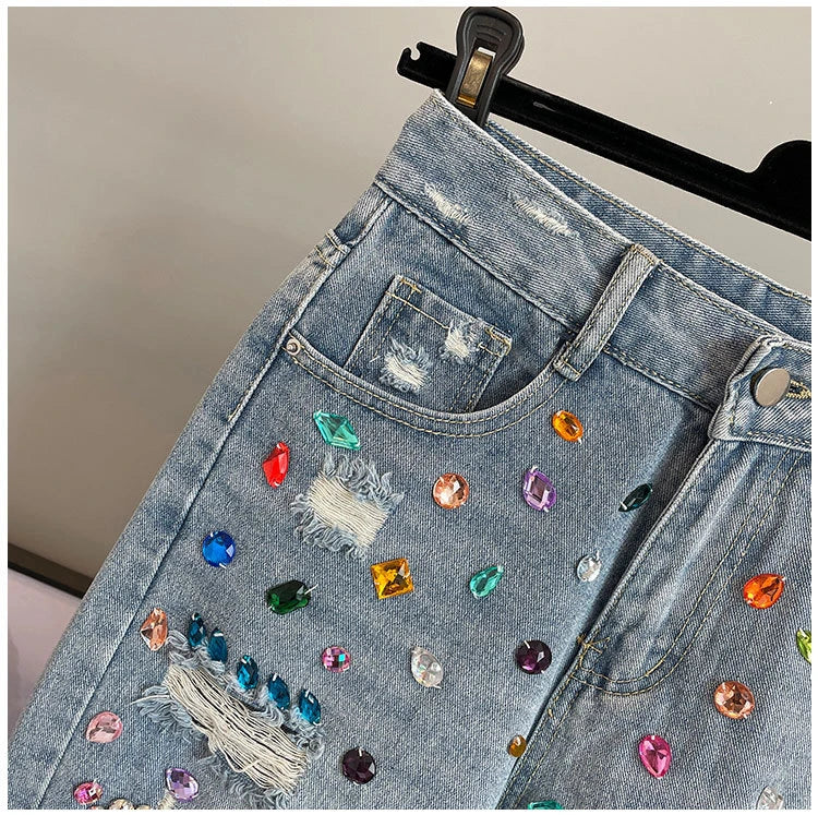 Colorful Diamond Studded Nail Bead Ripped Jeans Blue High Waisted Loose Shorts Shiny Fashionable Versatile Casual Trousers