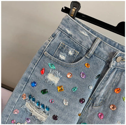 Colorful Diamond Studded Nail Bead Ripped Jeans Blue High Waisted Loose Shorts Shiny Fashionable Versatile Casual Trousers