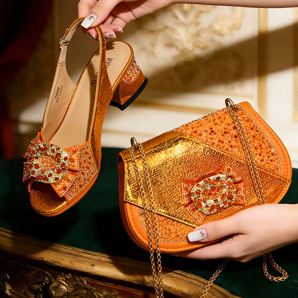 Elegant Purple Rhinestone Peep Toe High Heels for Women - Italian Design Sandals with Matching Handbag Set