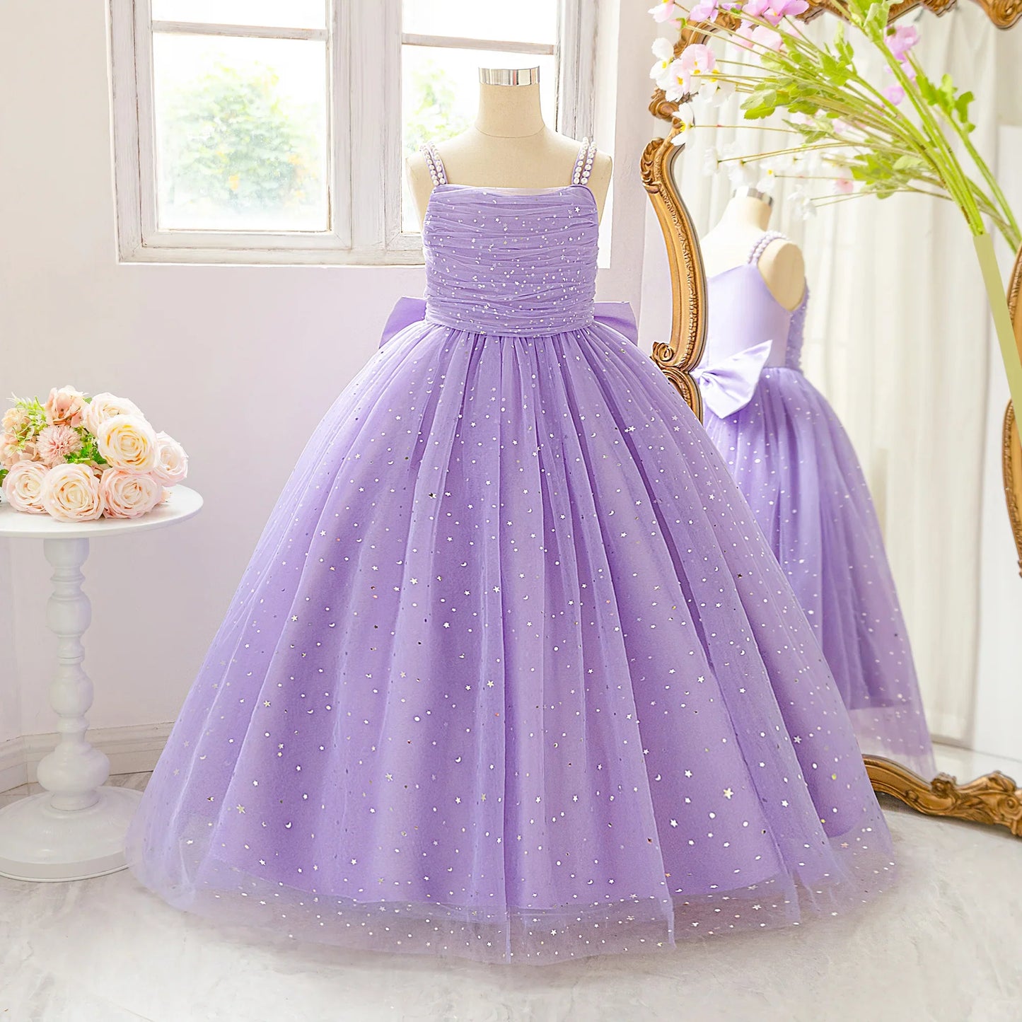 Elegant Sequins Bridemaids Girl Dress Summer Big Bow Tulle Wedding Princess Party Prom Dresses Girls Birthday Evening Ball Gown