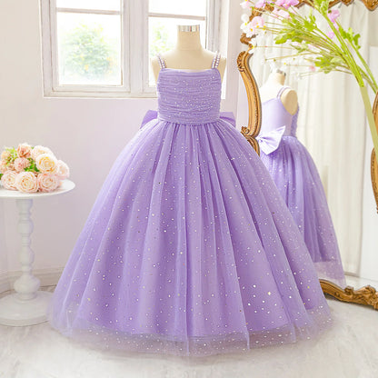 Elegant Sequins Bridemaids Girl Dress Summer Big Bow Tulle Wedding Princess Party Prom Dresses Girls Birthday Evening Ball Gown