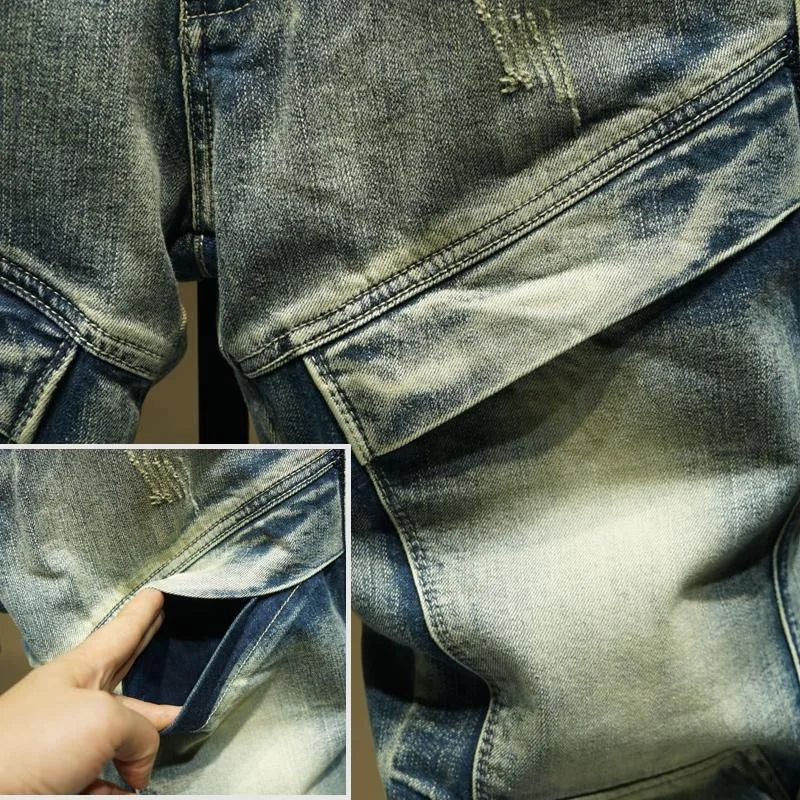 2024 Spring and Autumn New Fashion Trend Solid Color Retro Motorcycle Jeans Men's Casual Loose Comfortable Straight Leg Pants