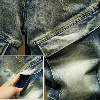 2024 Spring and Autumn New Fashion Trend Solid Color Retro Motorcycle Jeans Men's Casual Loose Comfortable Straight Leg Pants