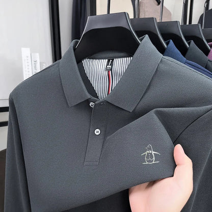 100% High-quality Cotton Latest Men's Polo Long Sleeve Autumn Spring Warm Fashionable Business Casual Cozy Delicate Embossed Top