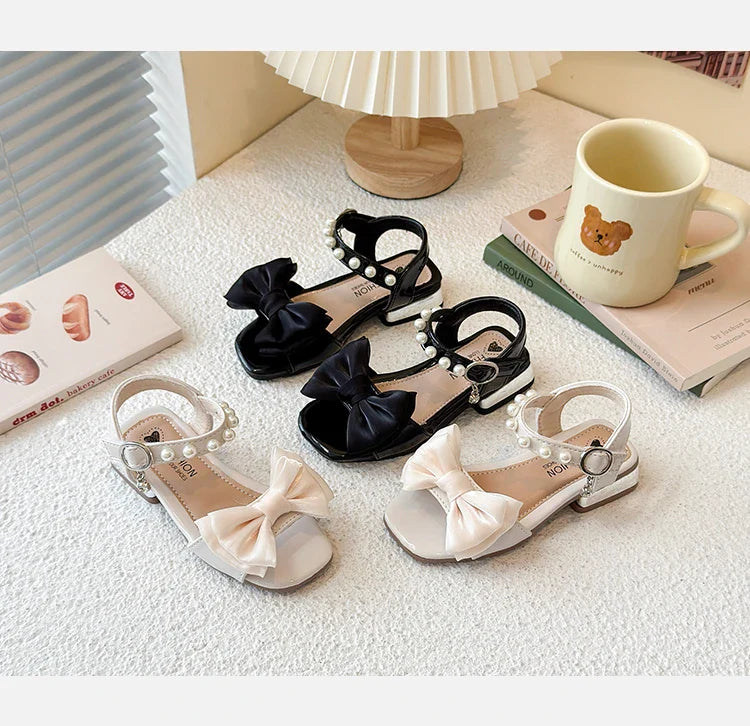 Girls Sandals Sweet Elegant Kids Dress Shoes Dance Wedding Non-slip 2025 Summer New Girls Princess Sandals Big Bows Ins Trendy